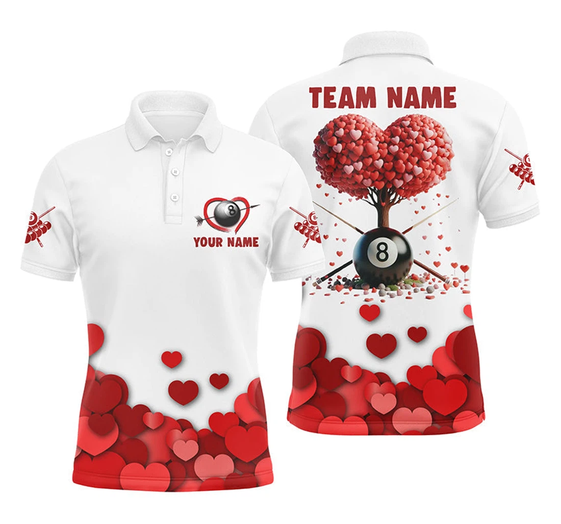 Personalized Valentine Ball Pool With Red Hearts Tree Custom Billiard Valentines Sport Tdm - Polo Shirt