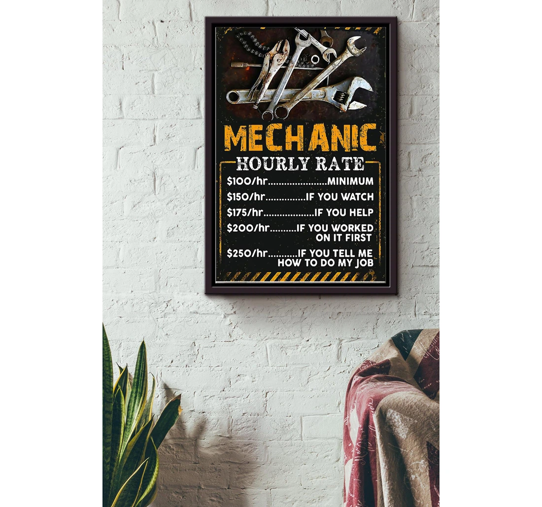 Poster, Canvas - Mechanic Hourly Rate Mechanical Engineer Fathers Day Husband Car Repair Shop Matte S Print Framed Wall Art