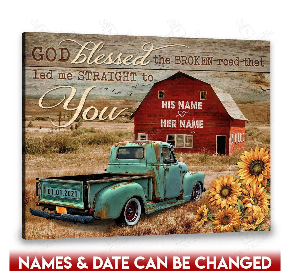 Poster, Canvas - Personalized Name Valentine's Day The Broken Road Wedding Present Customized Truck Print Framed Wall Art