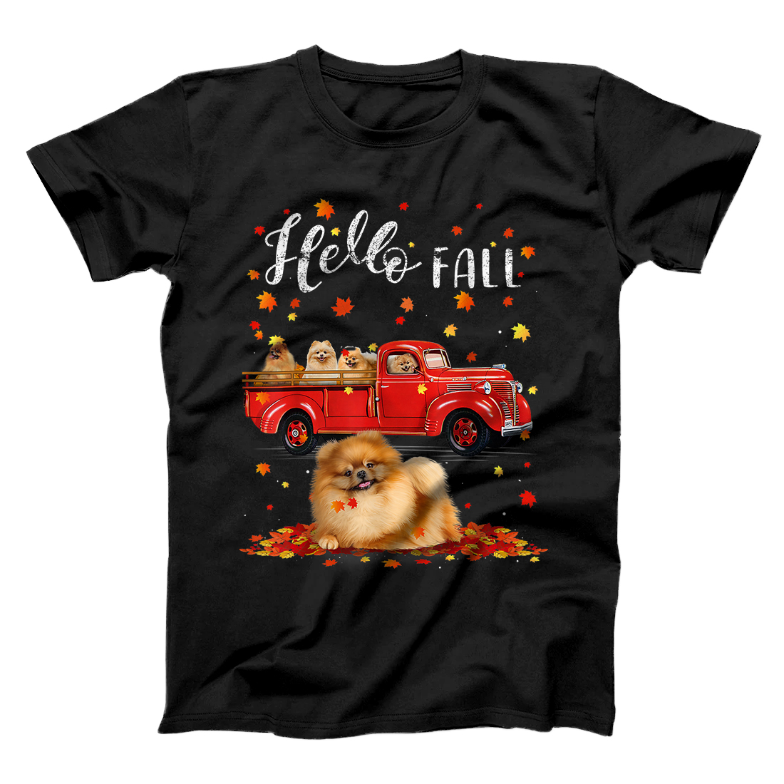 Personalized Maple Pomeranian Dog Leaf Fall Autumn Red Truck Gift Womens T-Shirt