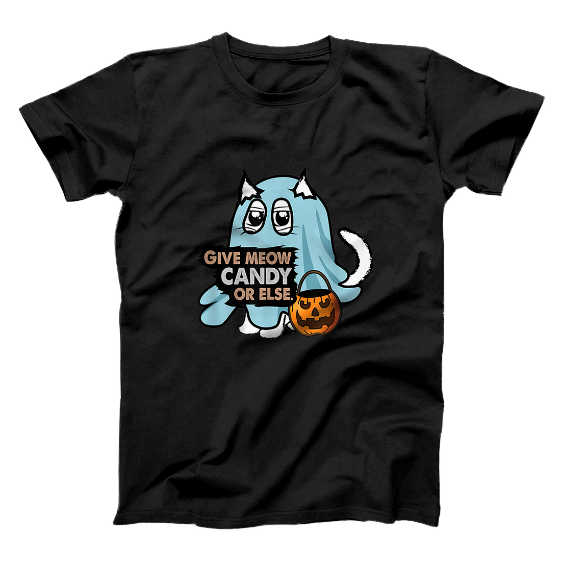 Personalized Cat Ghost Funny Halloween Pun: Give Meow Candy or Else. T-Shirt