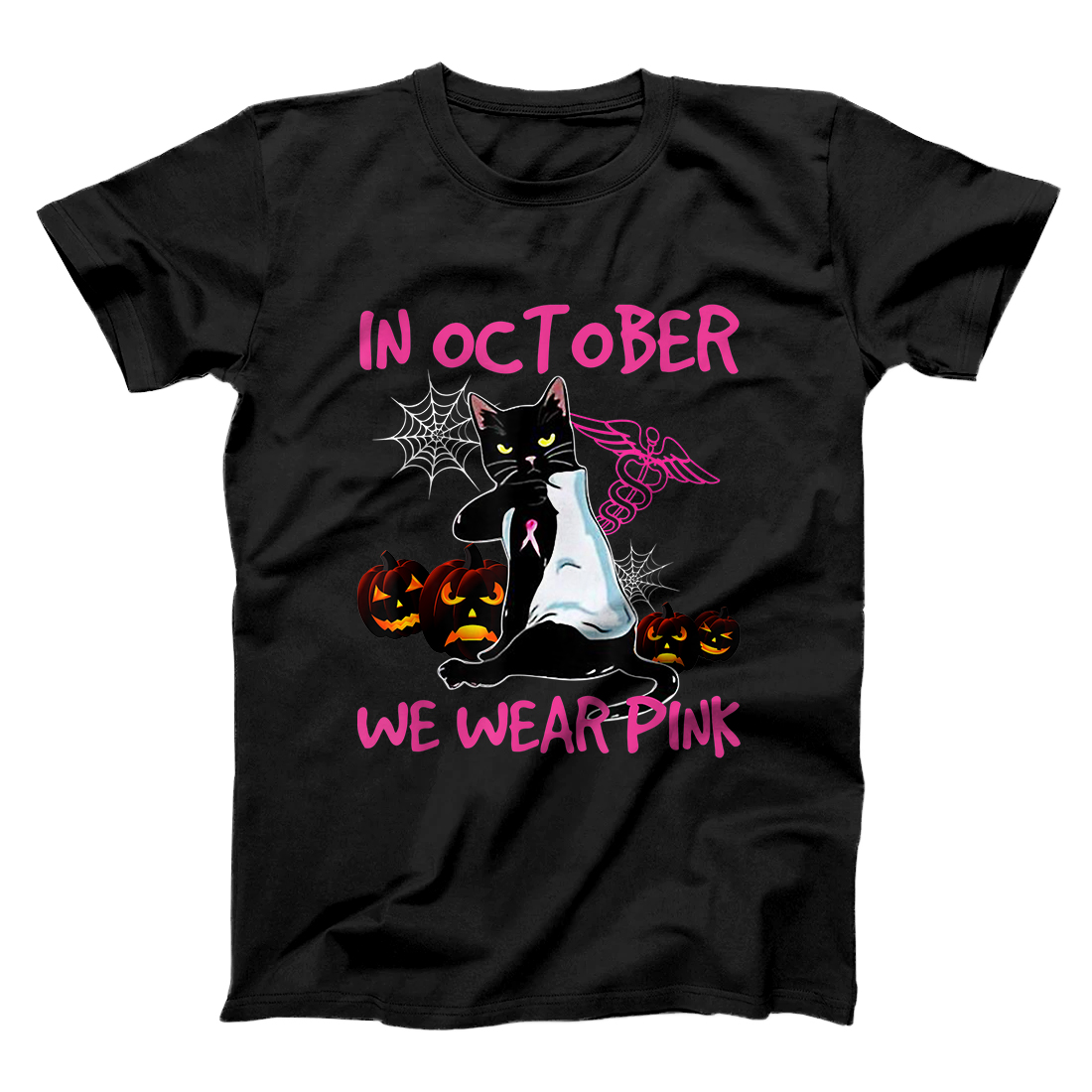 Personalized In October We Wear Pink Black Cat Breast Cancer Halloween T-Shirt