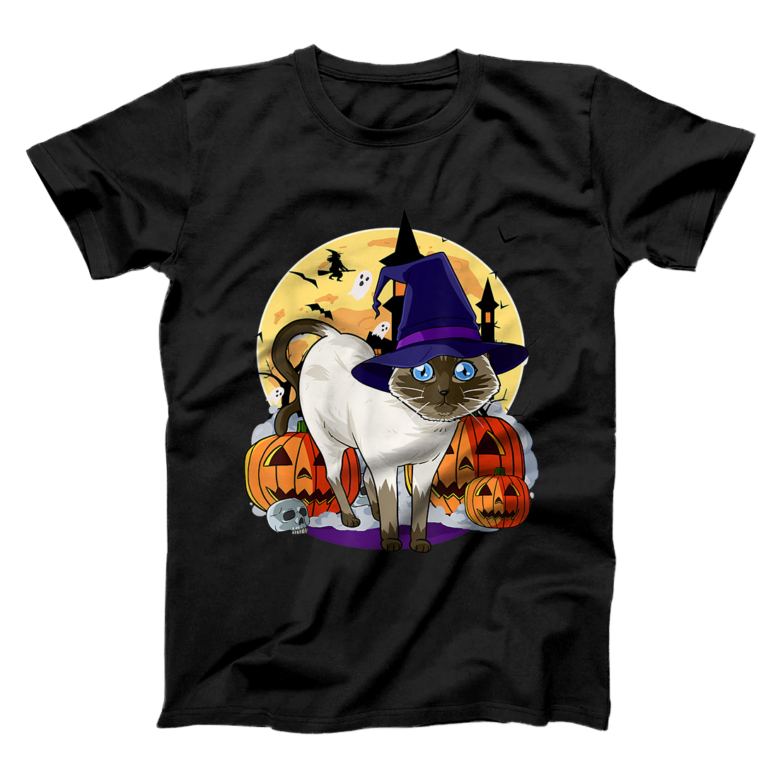 Personalized Happy Halloween Cute Siamese Cat Funny Witch Pumpkin T-Shirt