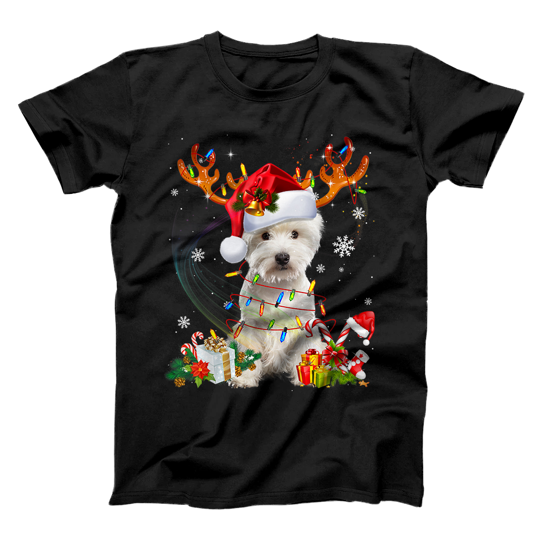 Personalized Funny Westie Christmas Tree Reindeer Christmas Lights Pajama T-Shirt