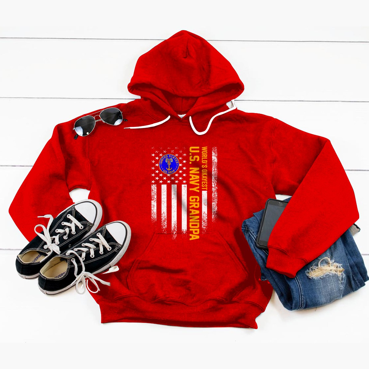 Vintage American Flag World's Okayest Navy Veteran Grandpa Pullover Hoodie