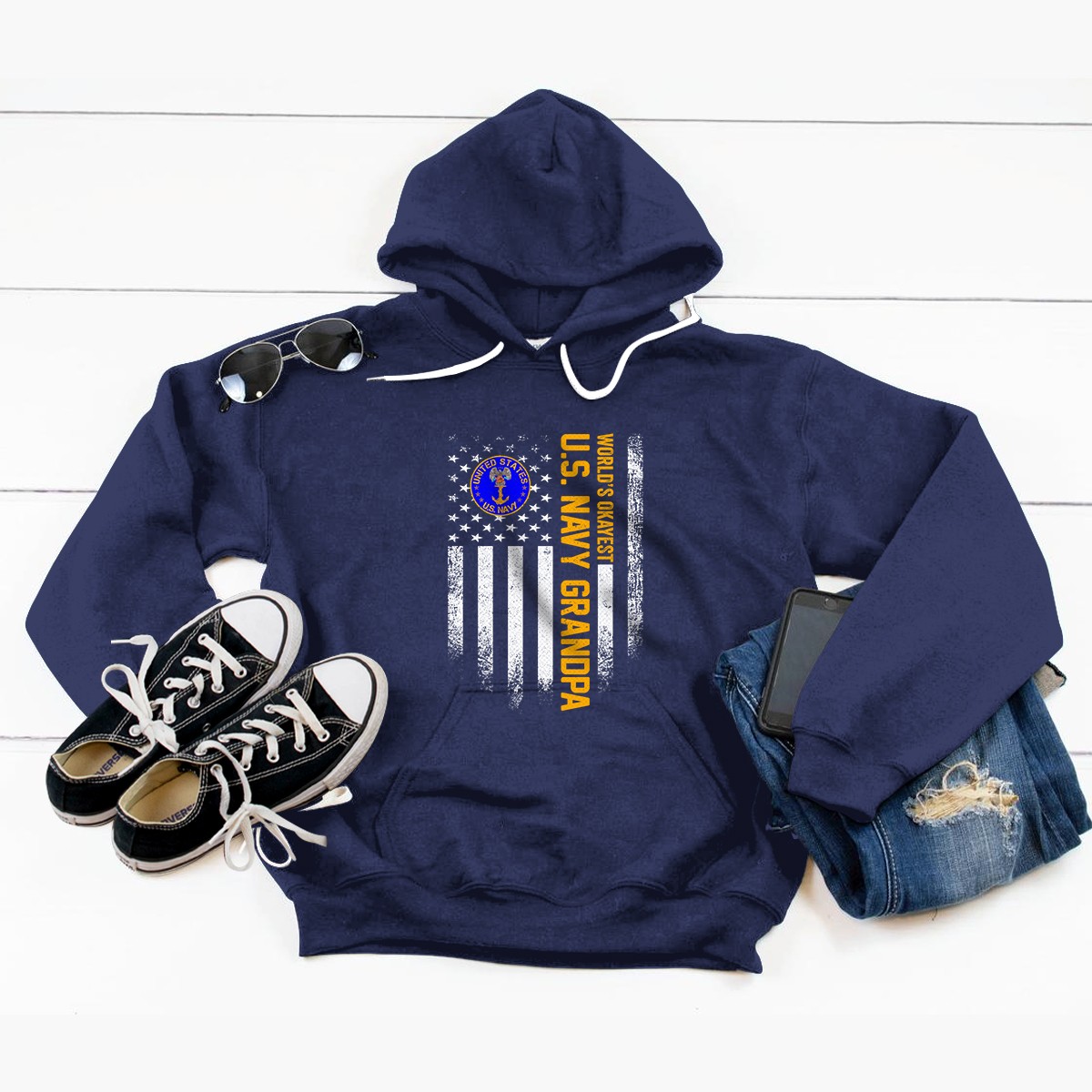 Vintage American Flag World's Okayest Navy Veteran Grandpa Pullover Hoodie