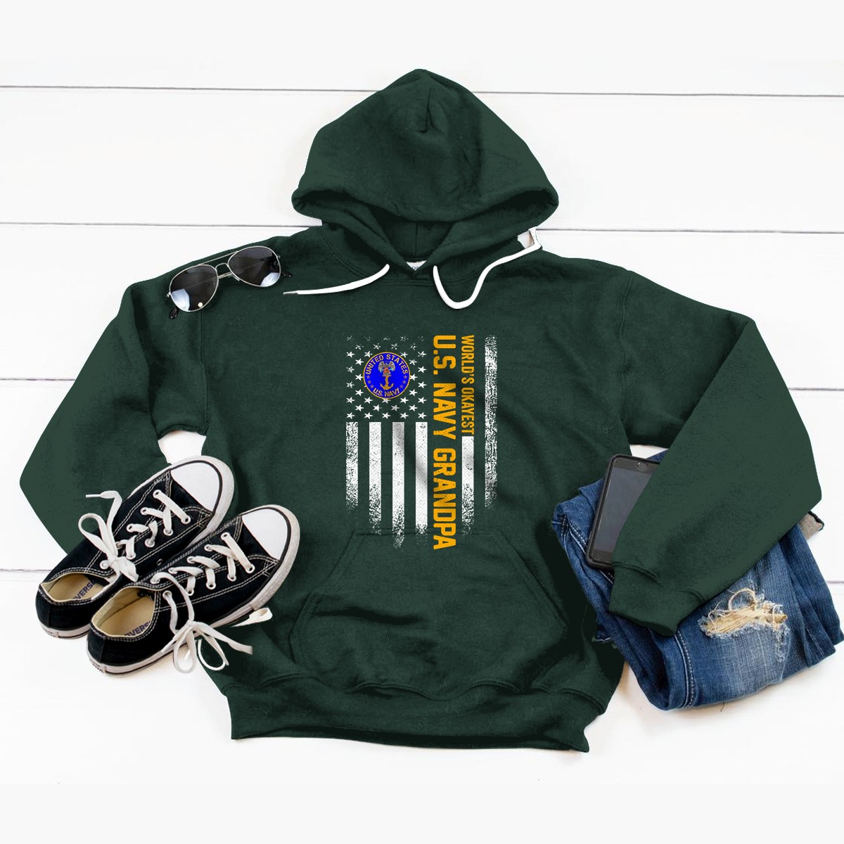 Vintage American Flag World's Okayest Navy Veteran Grandpa Pullover Hoodie