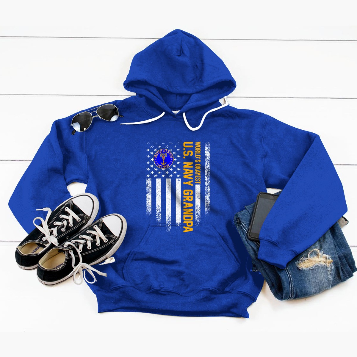 Vintage American Flag World's Okayest Navy Veteran Grandpa Pullover Hoodie