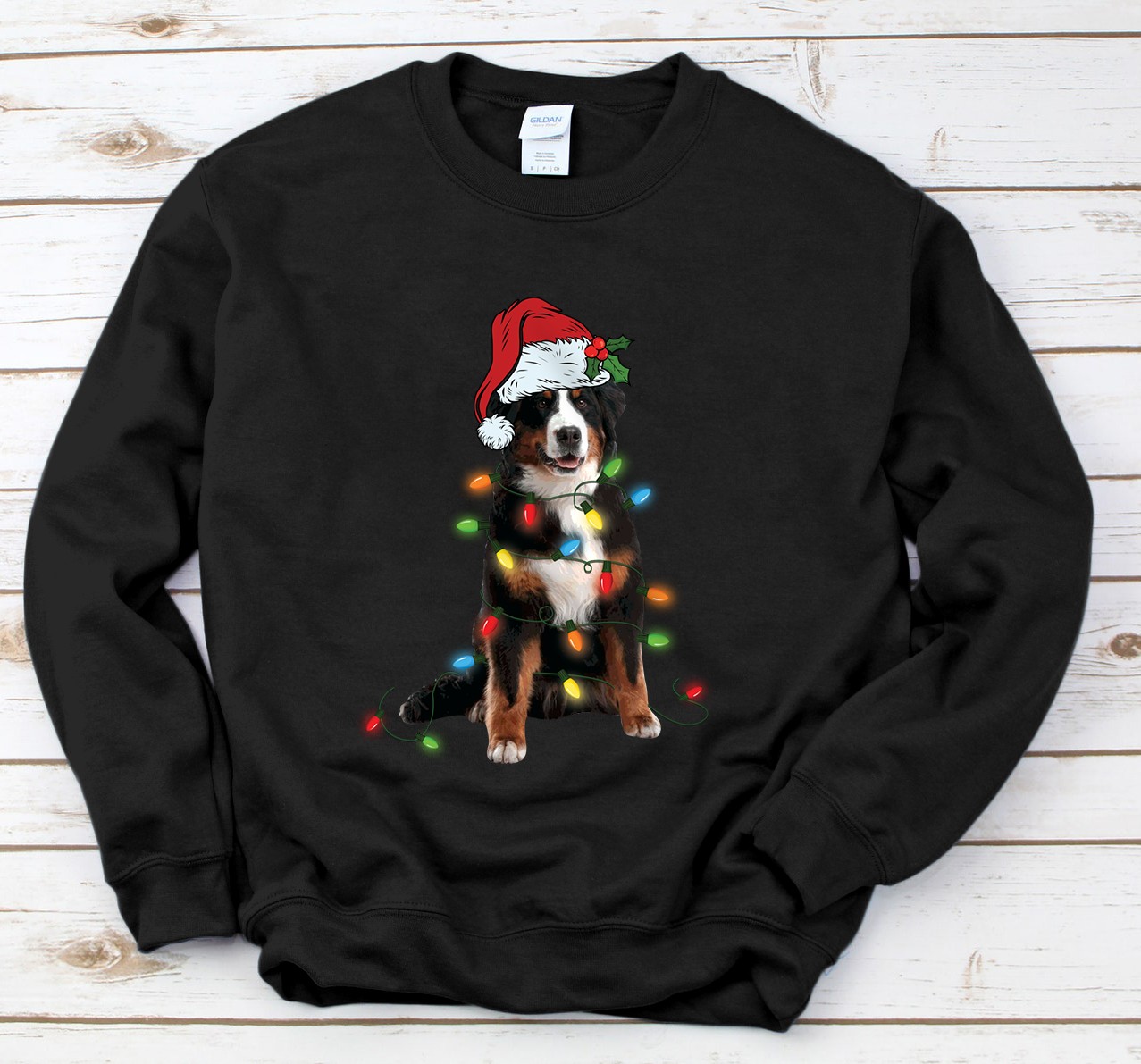 Personalized Santa Bernese Mountain Christmas Tree Lights Xmas Dog Lover Sweatshirt