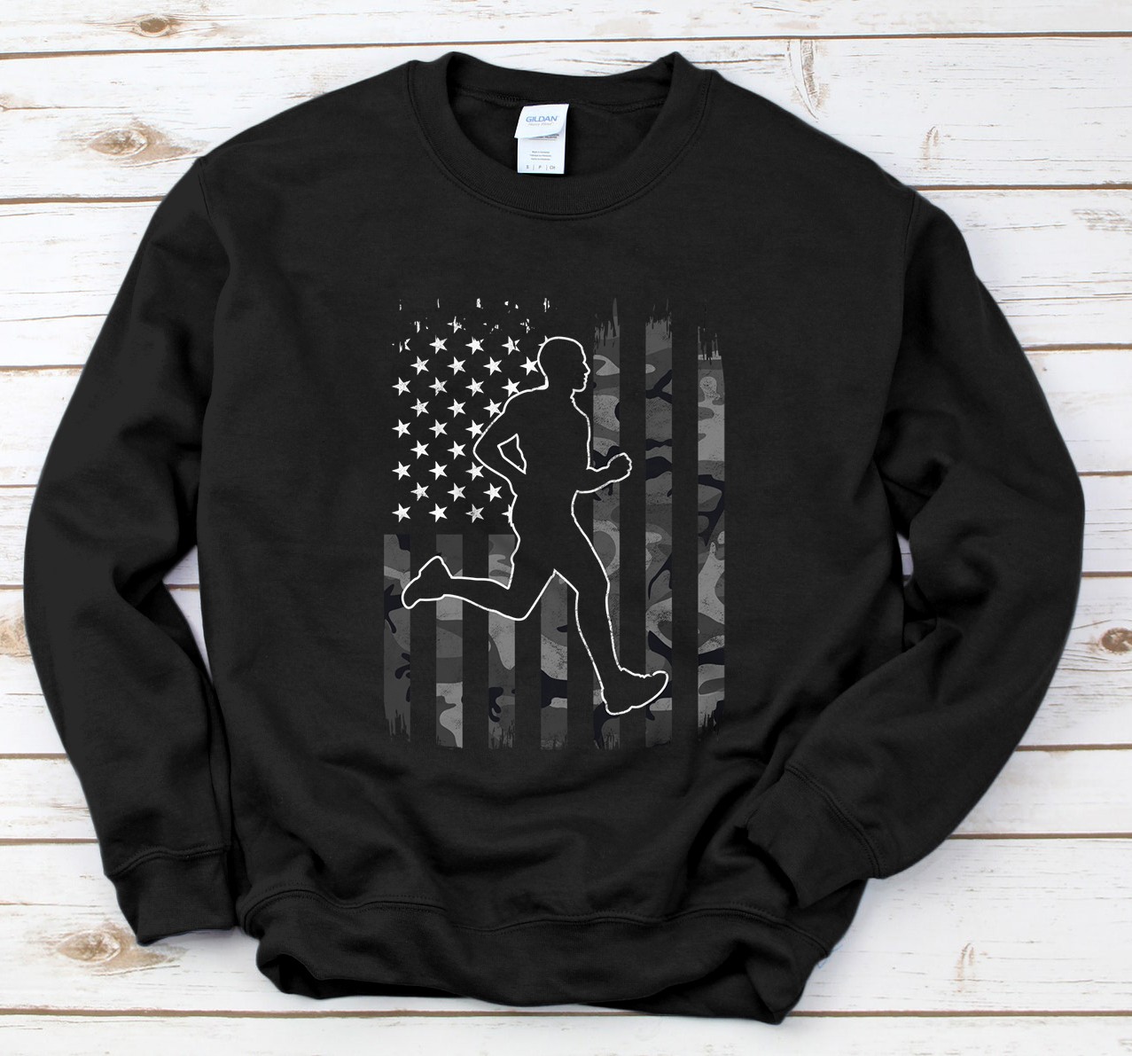 Vintage Marathon Runner Black Camo USA American Flag Gift Sweatshirt