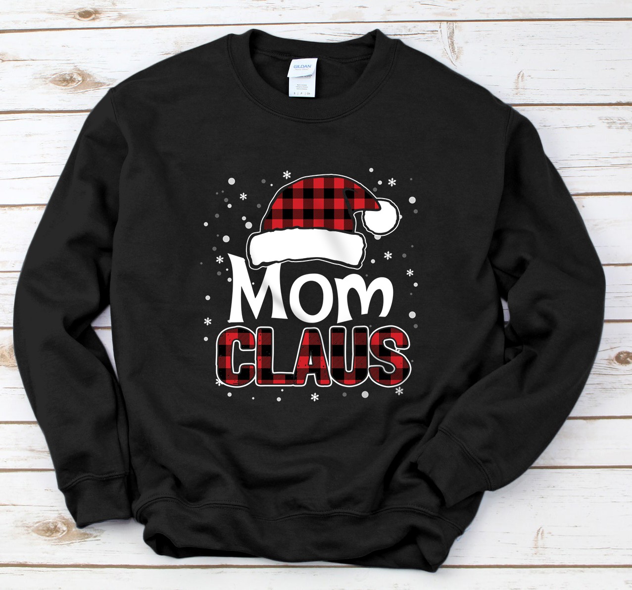 Personalized Mom Claus Christmas Santa Hat Buffalo Plaid Matching Family Sweatshirt