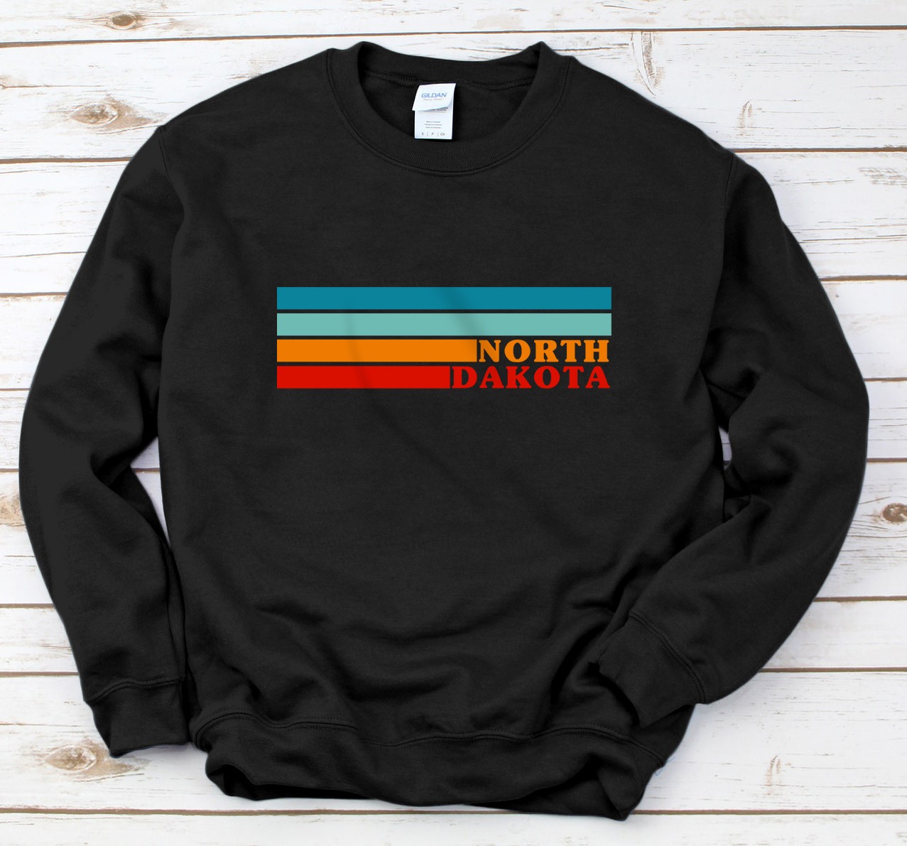 Personalized State of North Dakota - Colorful 70s Style Retro Stripes Sweatshirt