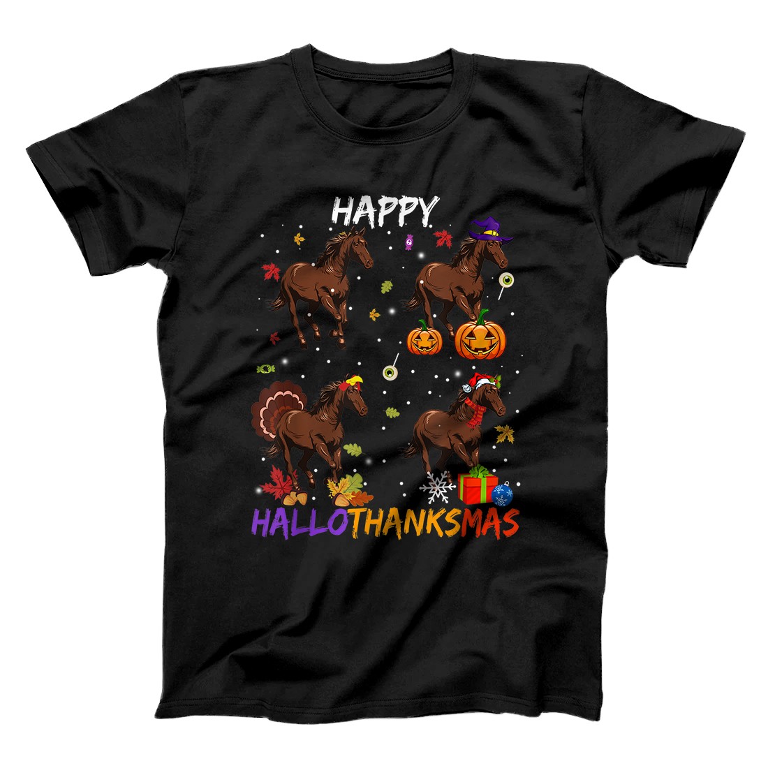 Personalized Horse Happy Hallothanksmas Halloween Thanksgiving Christmas T-Shirt