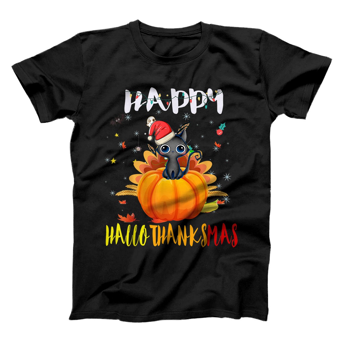 Personalized Happy Hallothanksmas Black Cat Halloween Thanksgivin Xmas T-Shirt