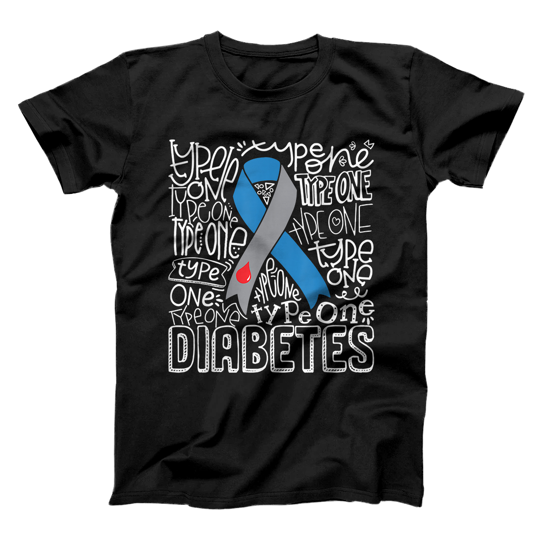 Personalized Grey And Blue Ribbon Typography Type 1 Diabetes Awareness T-Shirt
