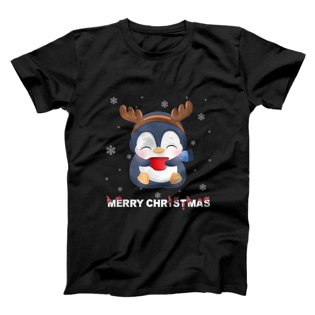 Personalized Merry Christmas Cute Penguin Reindeer Antlers Pajama Gift T-Shirt