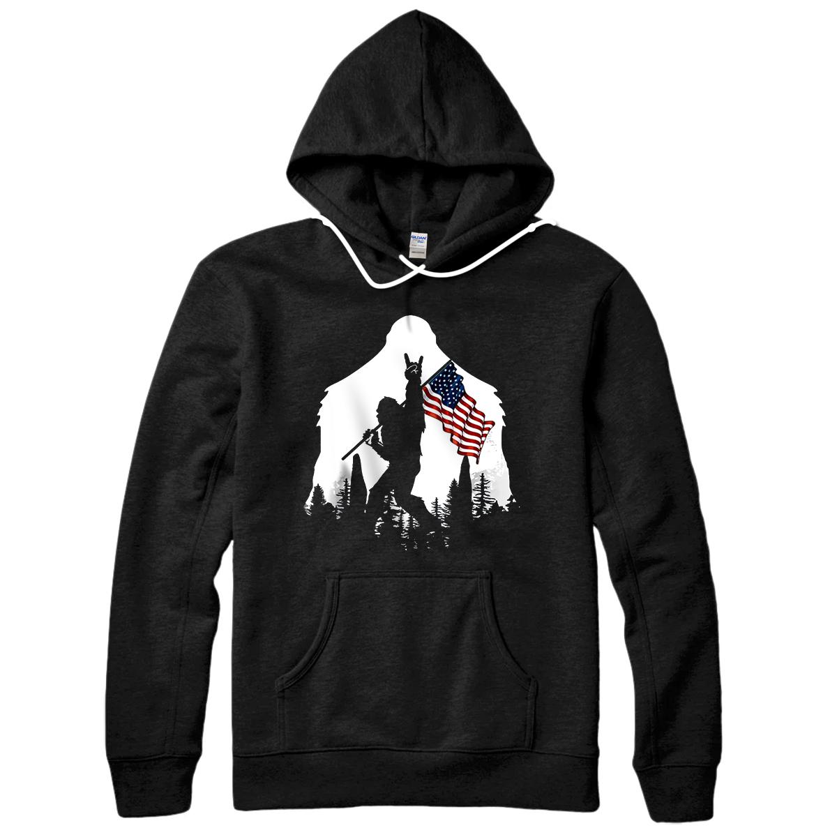 Personalized Bigfoot Rock And Roll Hand Sign Silhouette with US Flag Pullover Hoodie