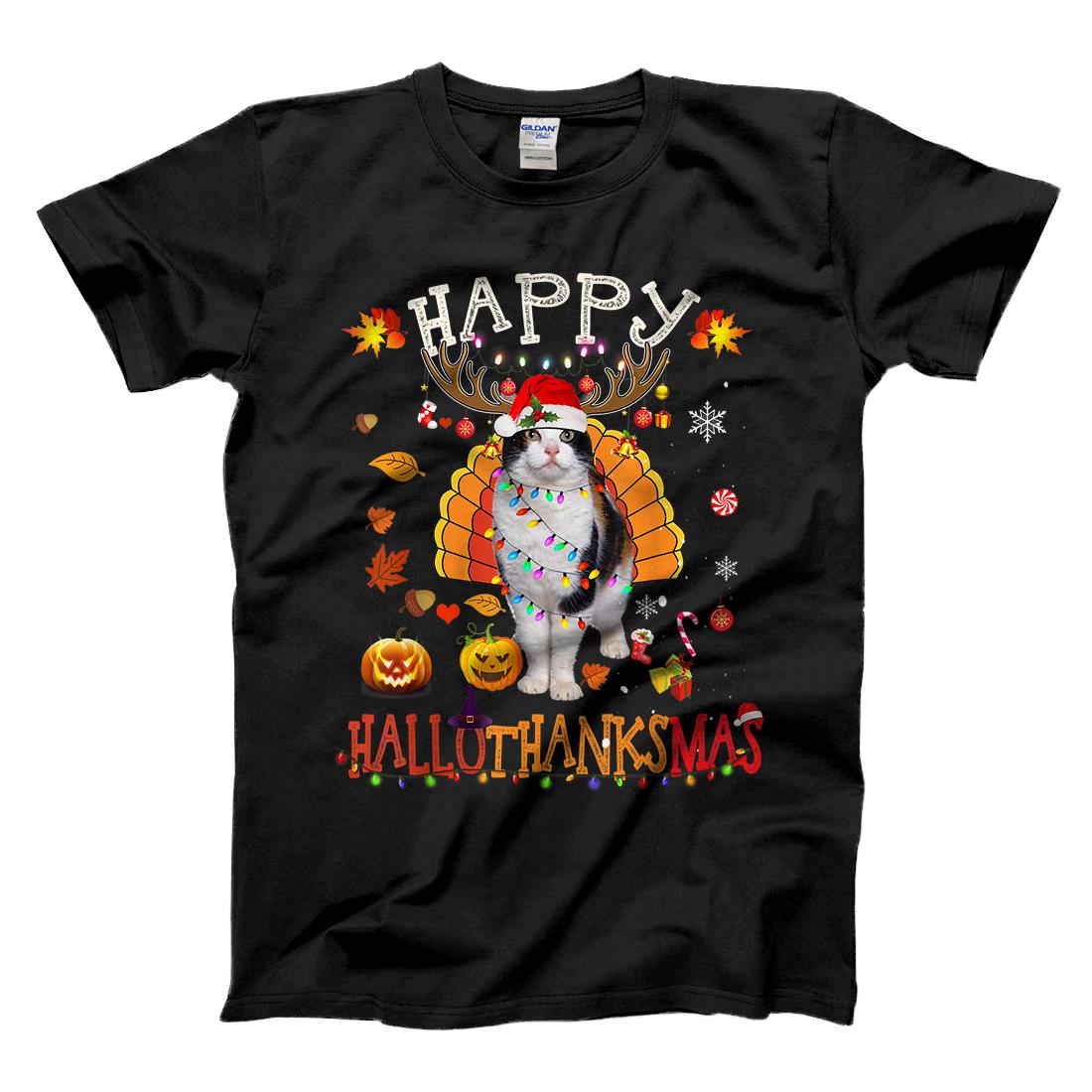 Personalized Funny Cat Happy Hallothanksmas Halloween Thanksgiving Xmas T-Shirt