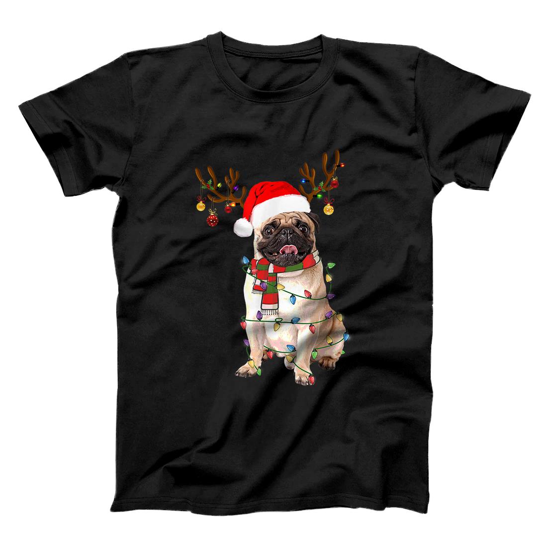 Personalized Funny Pug Dog Christmas Reindeer Christmas Lights Pajama T-Shirt