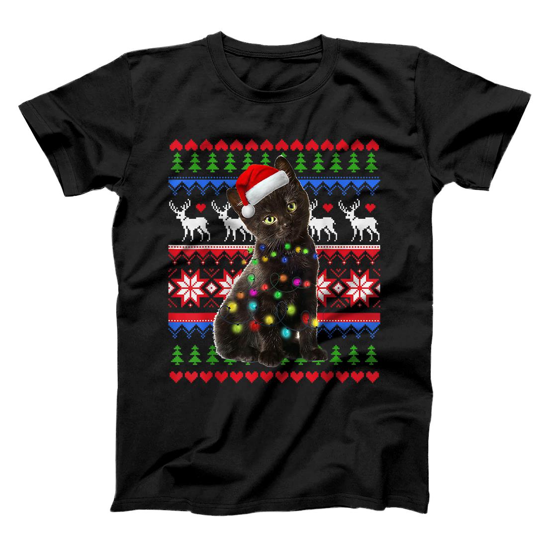 Personalized Santa Black Cat Christmas Light Ugly Christmas Sweater T-Shirt