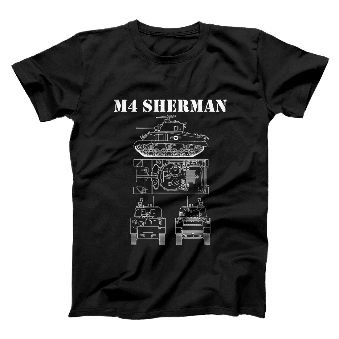 Personalized Vintage WW2 M4 Sherman Tank Schematic All Views White Armor T-Shirt