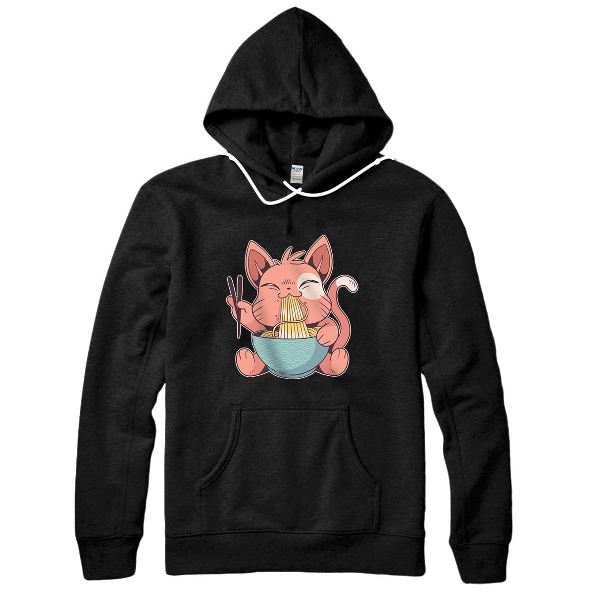 Personalized Cute Anime Cat Eating Ramen Japanese Kawaii Style Pullover Hoodie