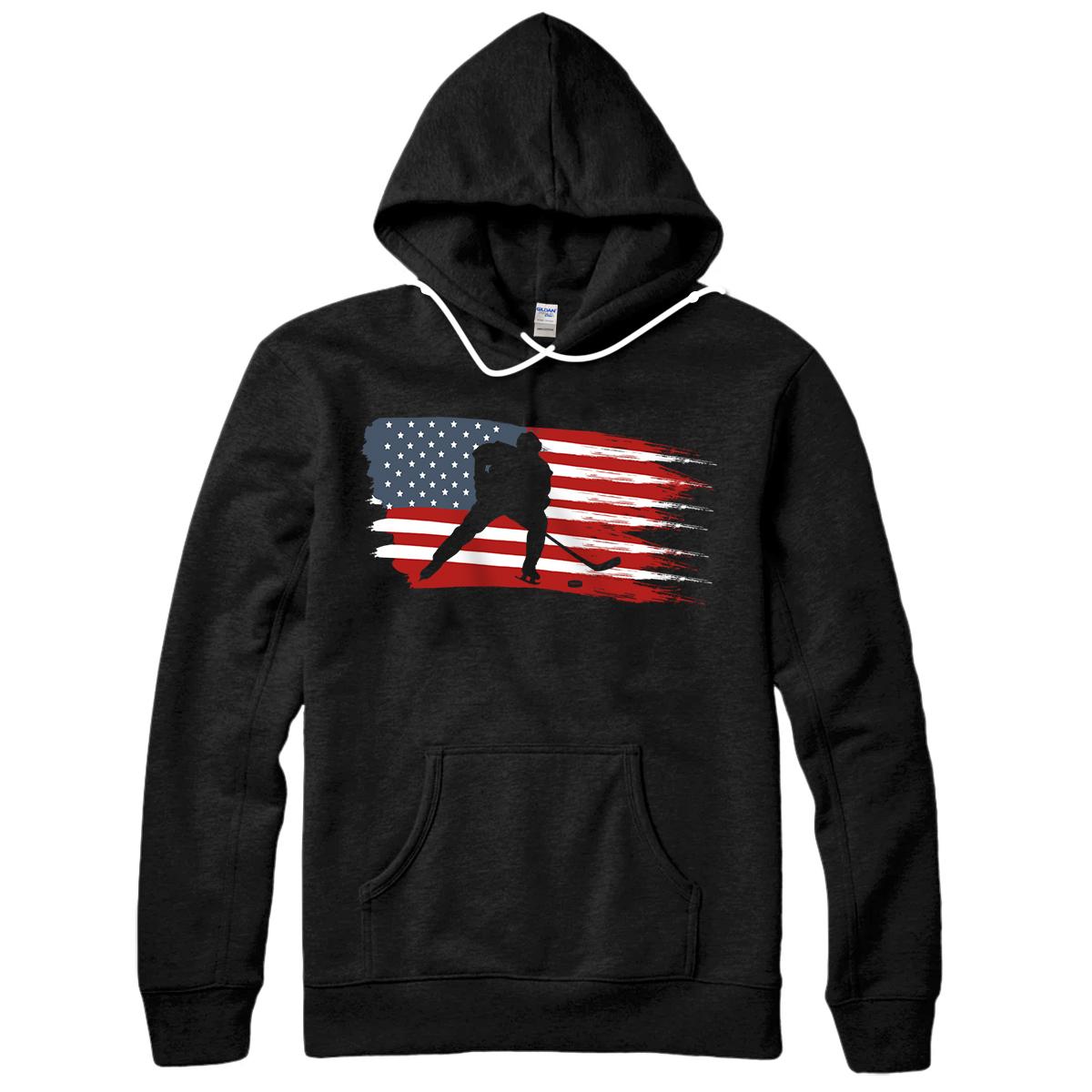 Personalized Hockey USA Flag American Flag Patriotic Ice Hockey Pullover Hoodie