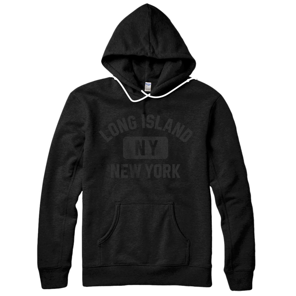 Personalized Long Island NY Gym Style Black with Distressed Black Print Pullover Hoodie
