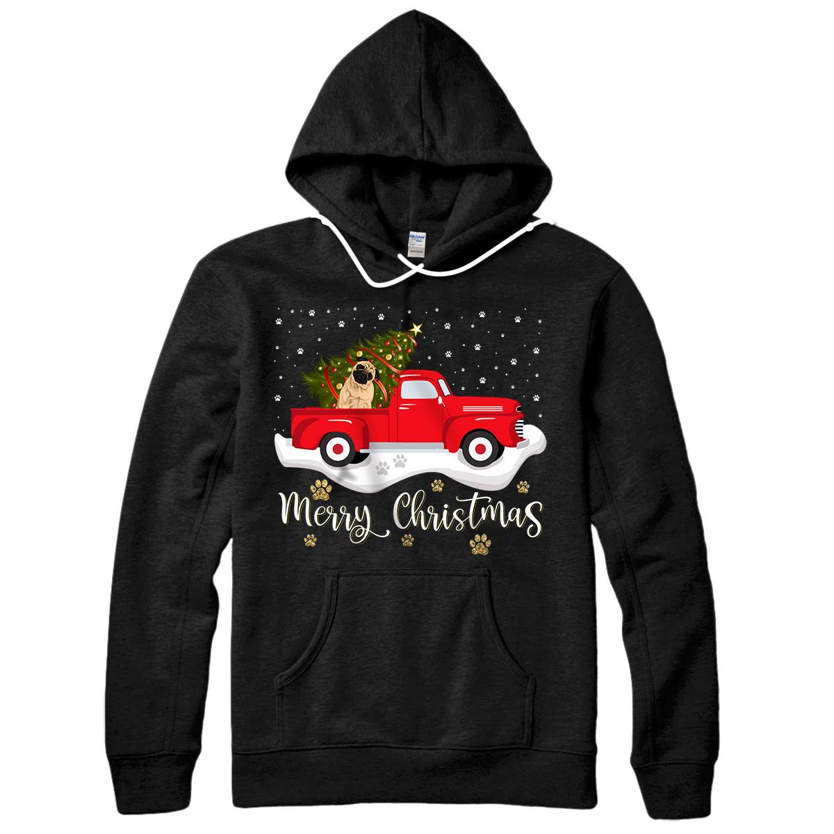 Red Truck Merry Christmas Tree Pug Christmas Pullover Hoodie