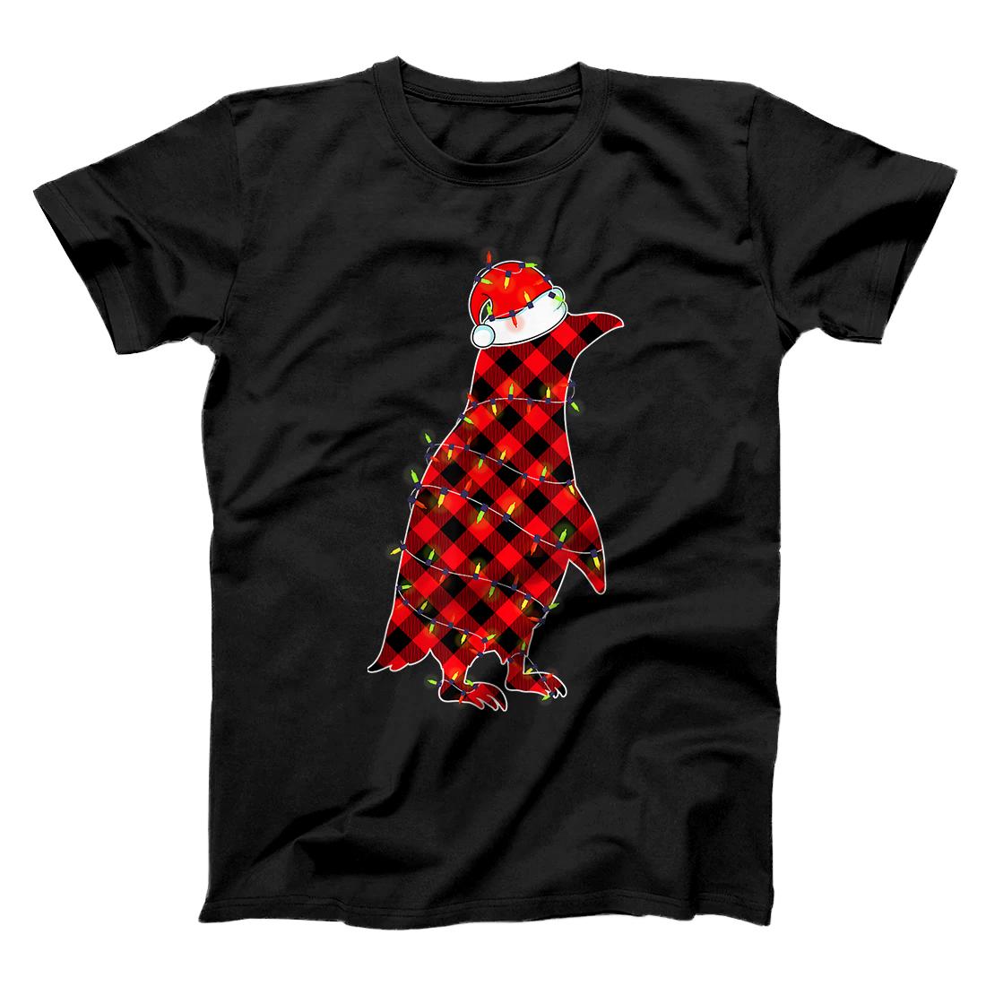 Personalized Red Plaid Penguin Christmas Lights Pajamas Adult Kids T-Shirt