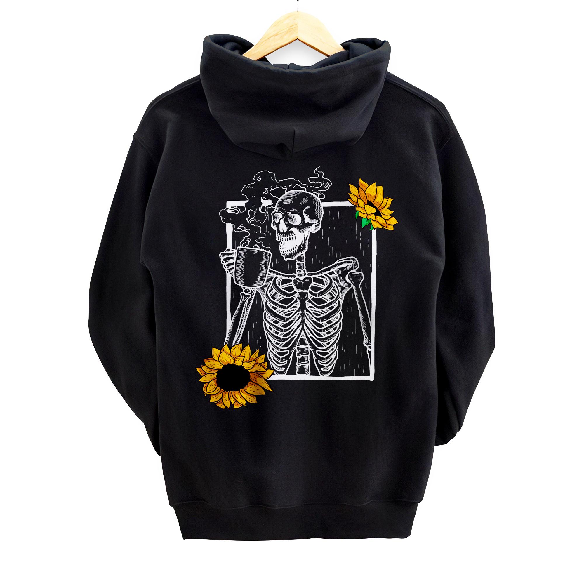 Vintage white Skeleton Sunflower Smiling Skull with Coffee Back Print Pullover Hoodie