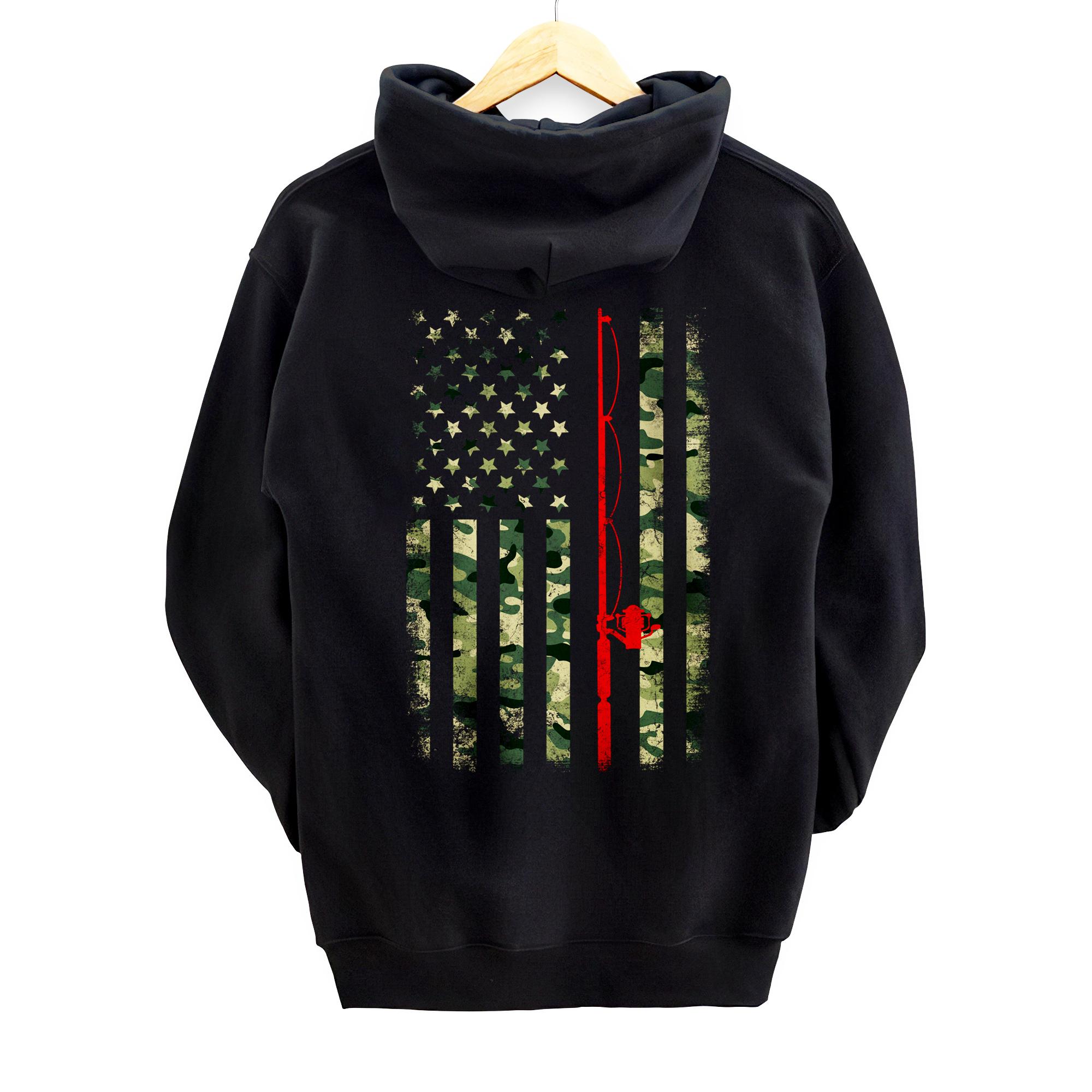 Bass Fishing Rod Camouflage American Flag Fisherman gift Back Print Pullover Hoodie