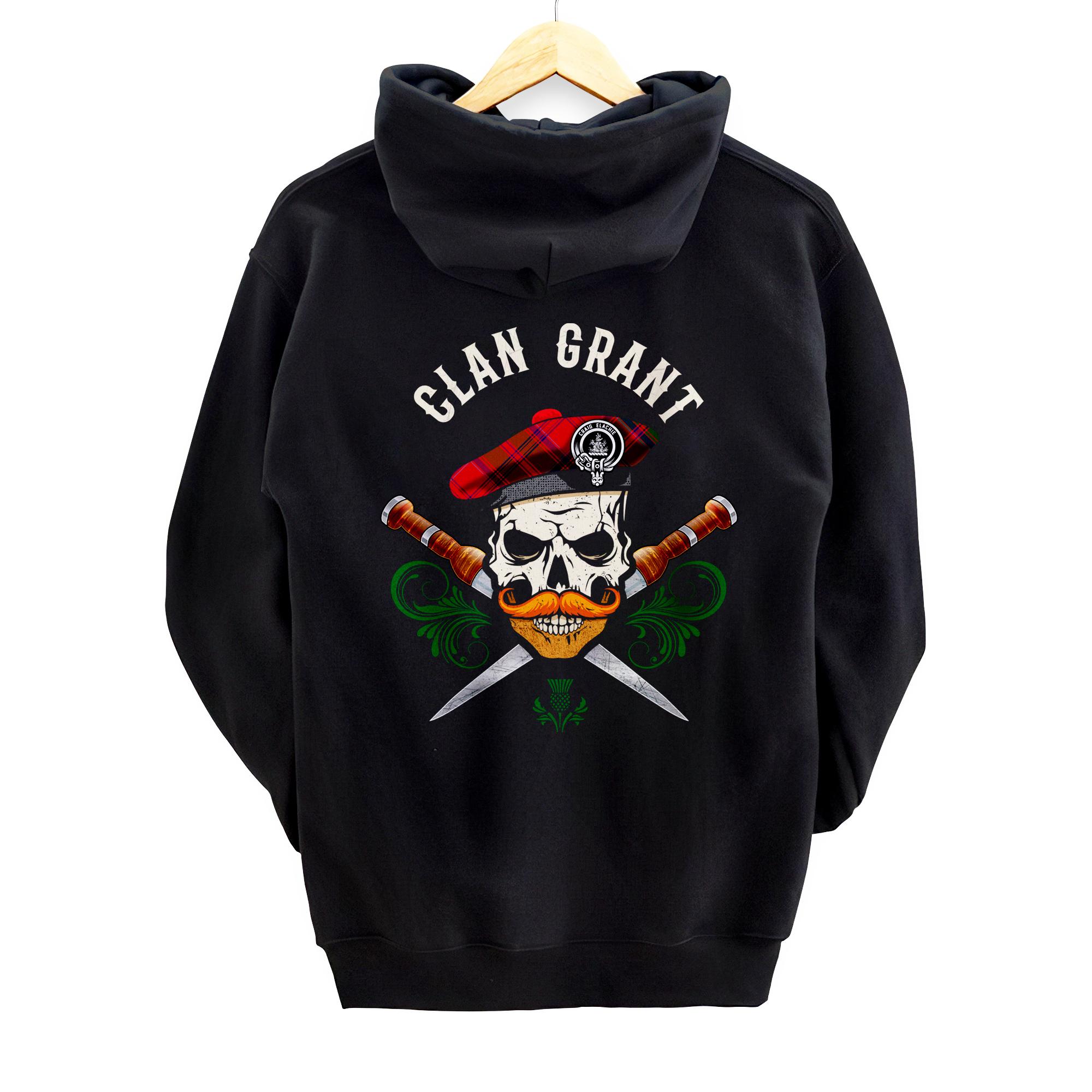 Personalized Scottish Clan Grant Bad Ass Skull with Tam Clan Badge Back Print Pullover Hoodie