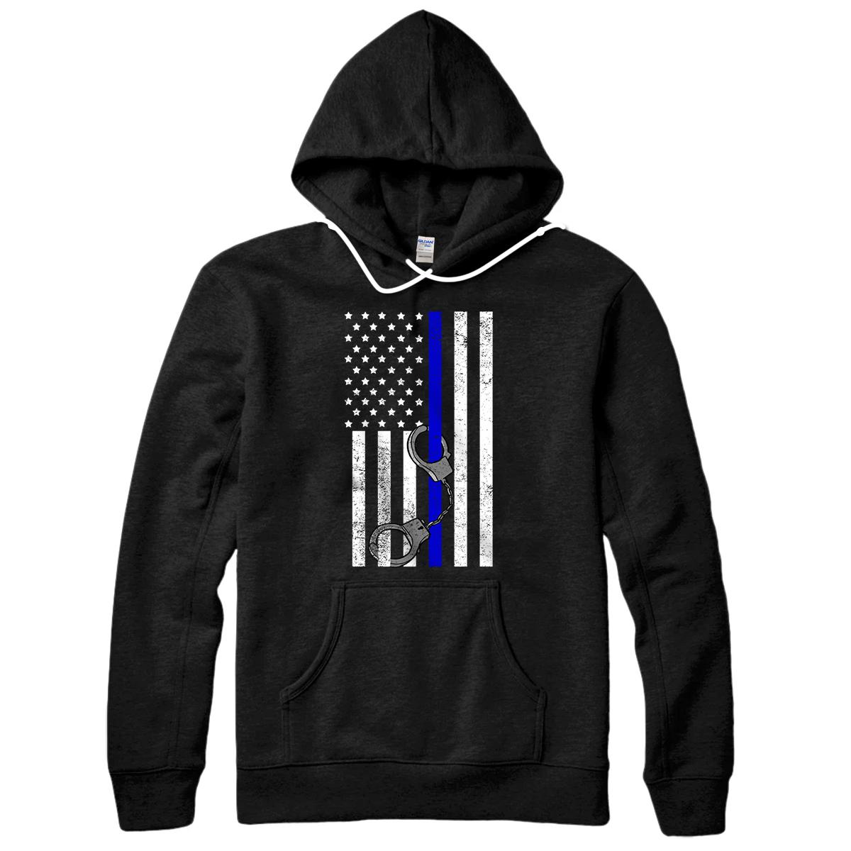 Personalized US Flag Thin Blue Line Handcuffs Cop LE Police Officer Gift Pullover Hoodie