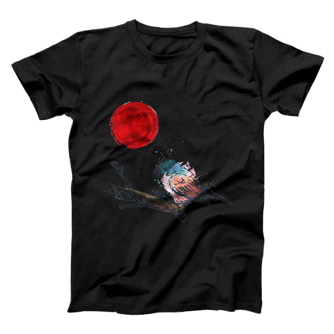Personalized Colourful Art Bird On Tree and Japanese Red Moon Style T-Shirt