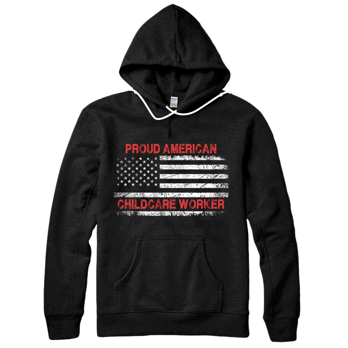 Personalized Proud American Patriotic USA Flag Gift Childcare Worker Pullover Hoodie