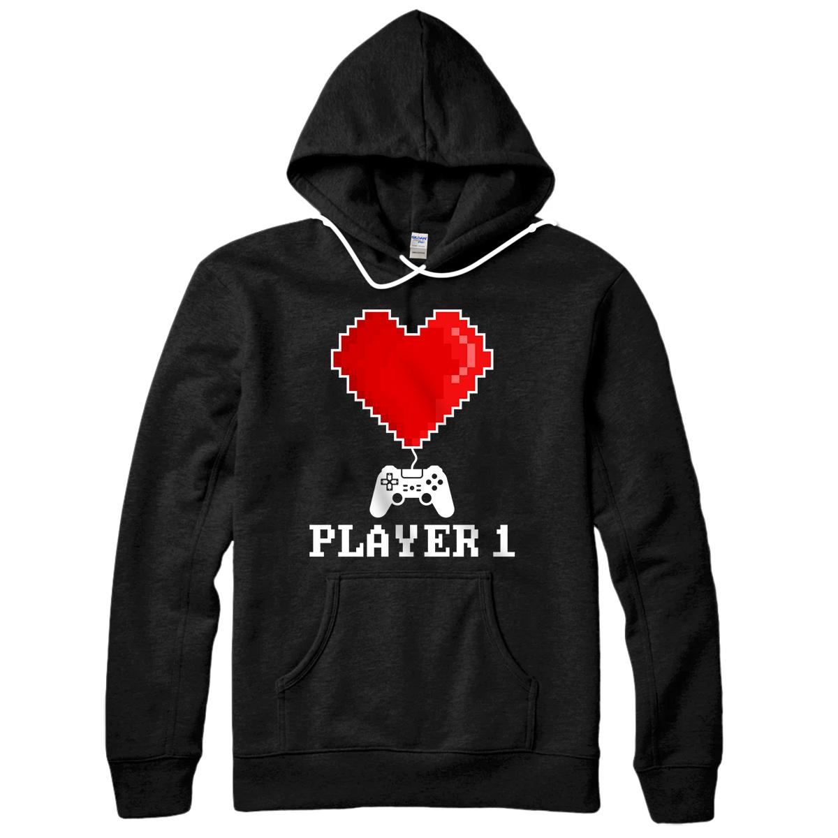 Personalized Player 1 Gaming Controller & 8bit Heart Valentines day Pullover Hoodie