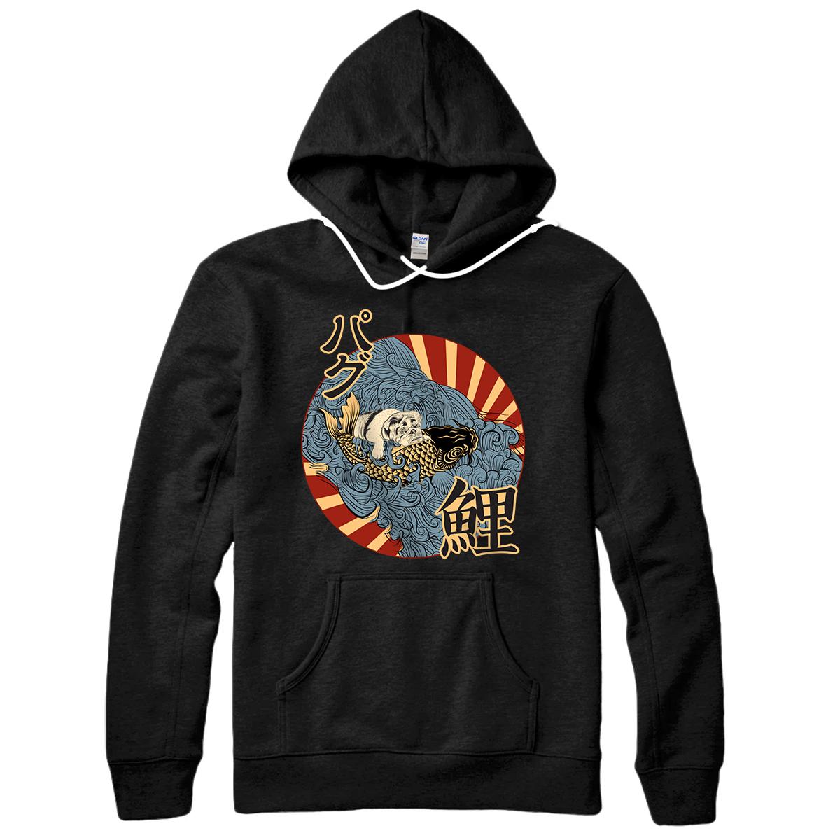 Personalized Pug Riding Koi Through The Wave Japanese Vintage Drawing Pullover Hoodie