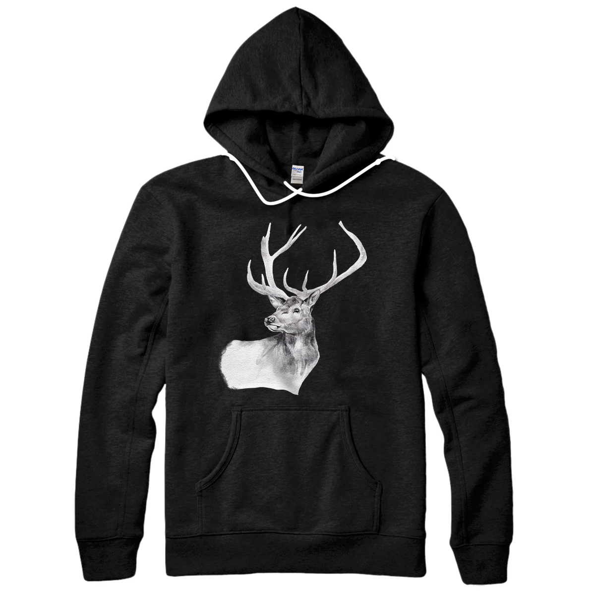 Personalized Deer Antlers Gift Illustrated Watercolor Black & White Pullover Hoodie