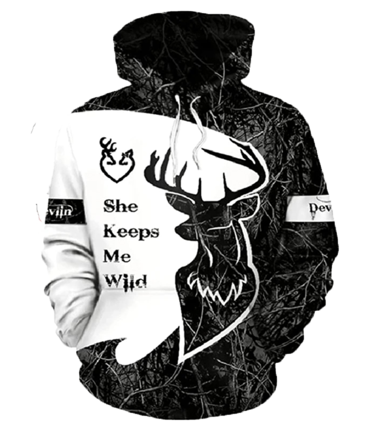Personalized Name Deer Hunting Couple She Keeps Me Safe She Keeps Me Wild - 3D Printed Pullover Hoodie