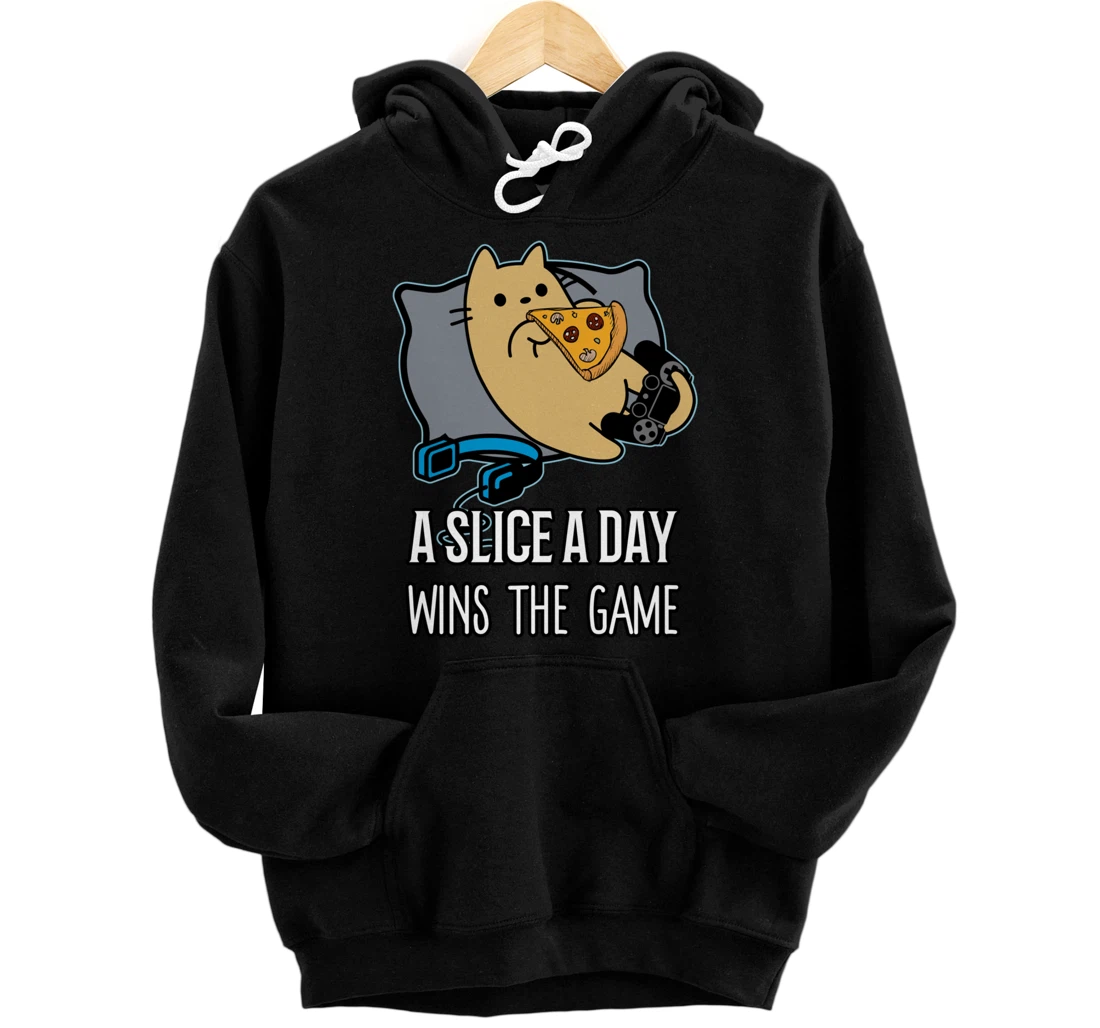 Personalized Cat Eating pizza a day wins game Pullover Hoodie