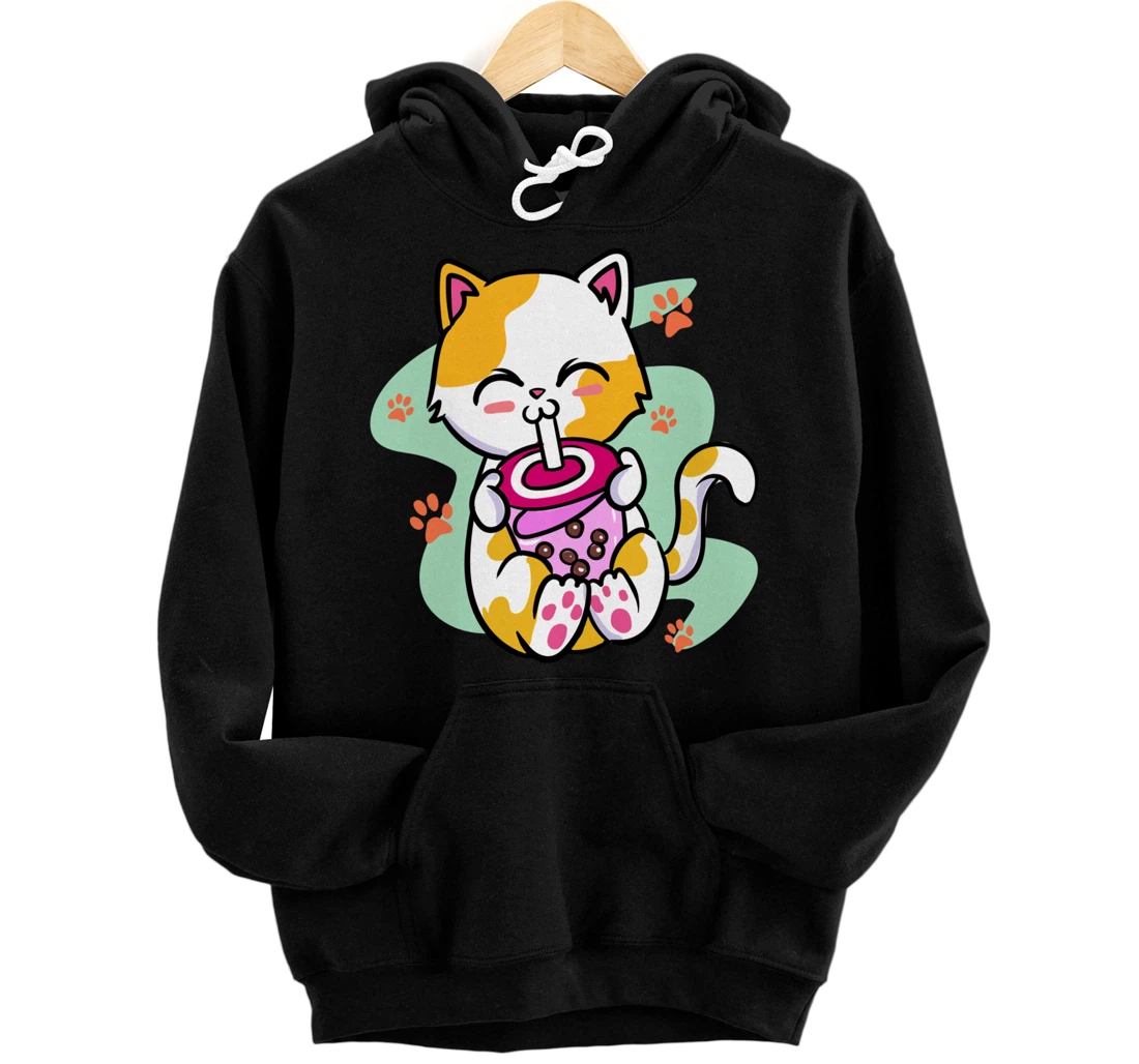 Personalized Cute Cat - Tea Bubble Tea - Boba Anime Kawaii Neko Pullover Hoodie