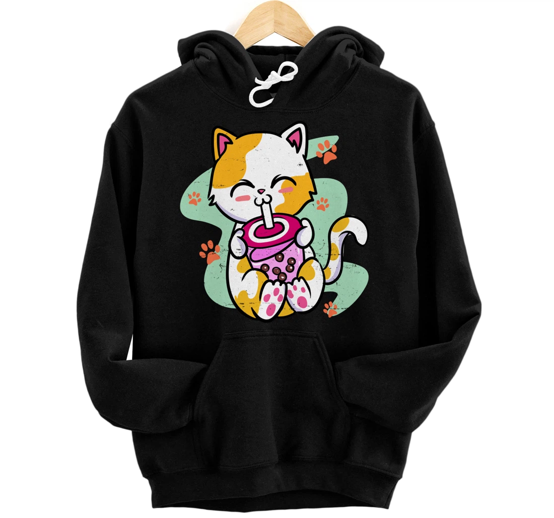 Personalized Cute Cat - Tea Bubble Tea - Boba Anime Kawaii Neko Pullover Hoodie