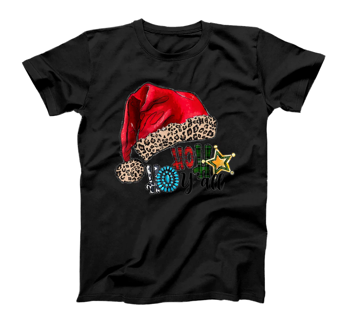 Personalized Y'all Merry Xmas Santa Claus Hat Western Leopard Ho Ho T-Shirt, Women T-Shirt
