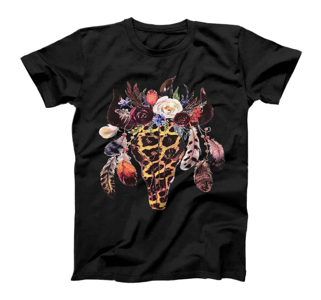 Personalized Leopard Rodeo Queen Bull Skull Flower Boho Floral Cow Skull T-Shirt, Women T-Shirt