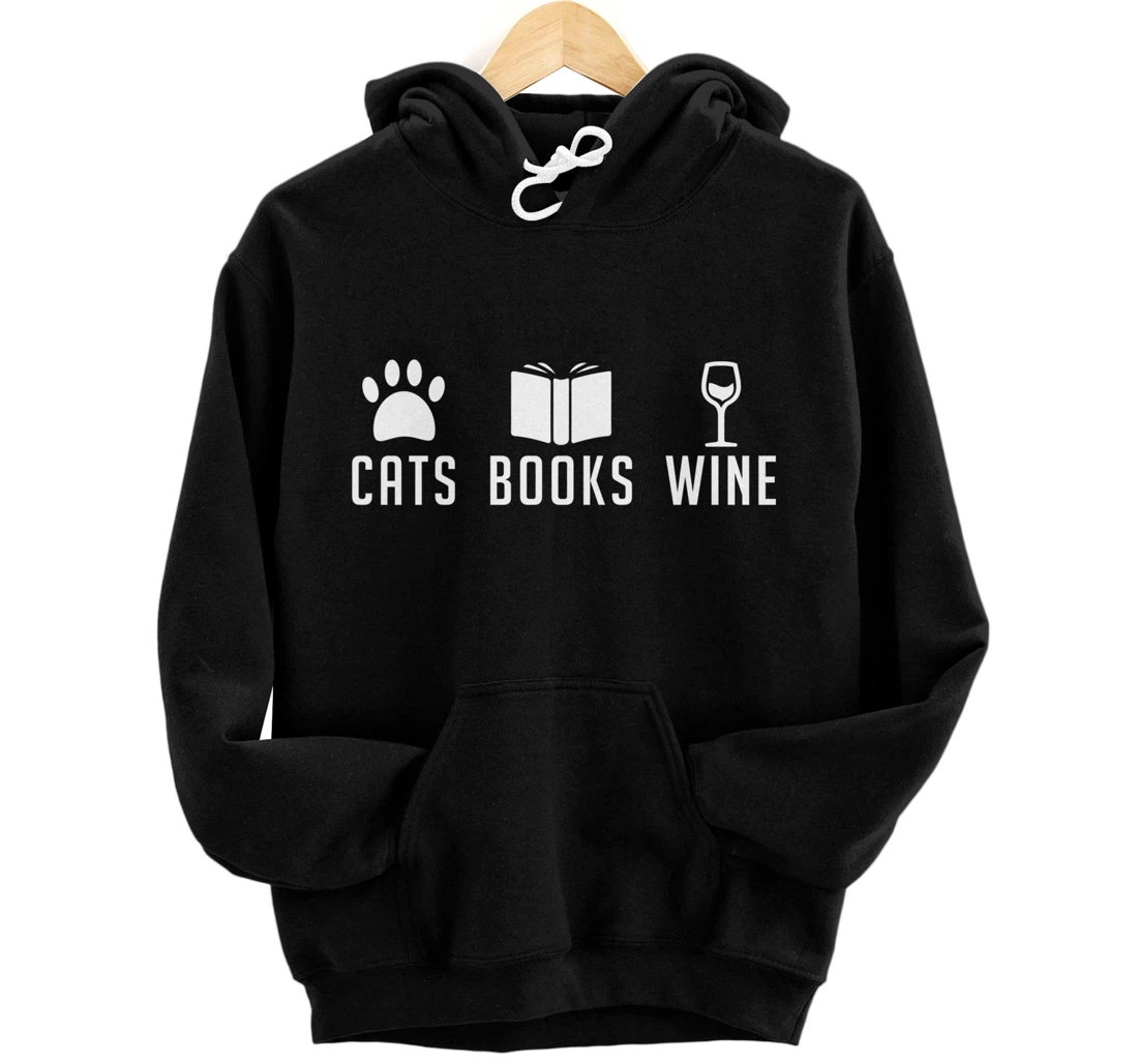 Personalized Cats Books Wine Funny Cat Owner Wine Lover Book Reader Pullover Hoodie