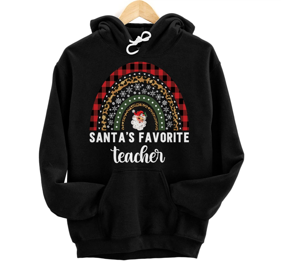 Personalized Santas Favorite Teacher Red Plaid Rainbow Xmas Teacher Gift Pullover Hoodie
