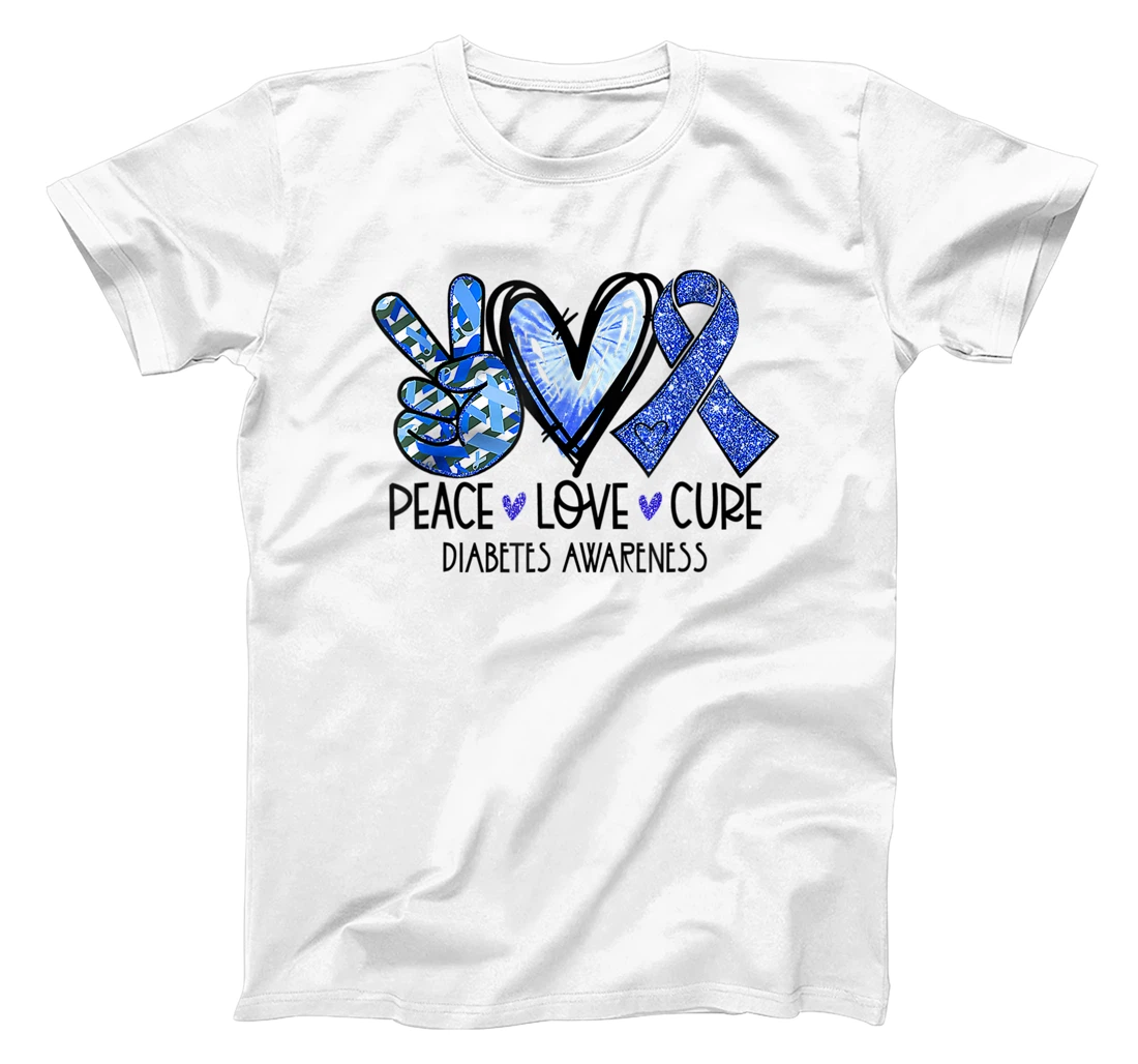 Personalized Peace Love Type Diabetes Awareness T1D Blue Ribbon T-Shirt, Women T-Shirt
