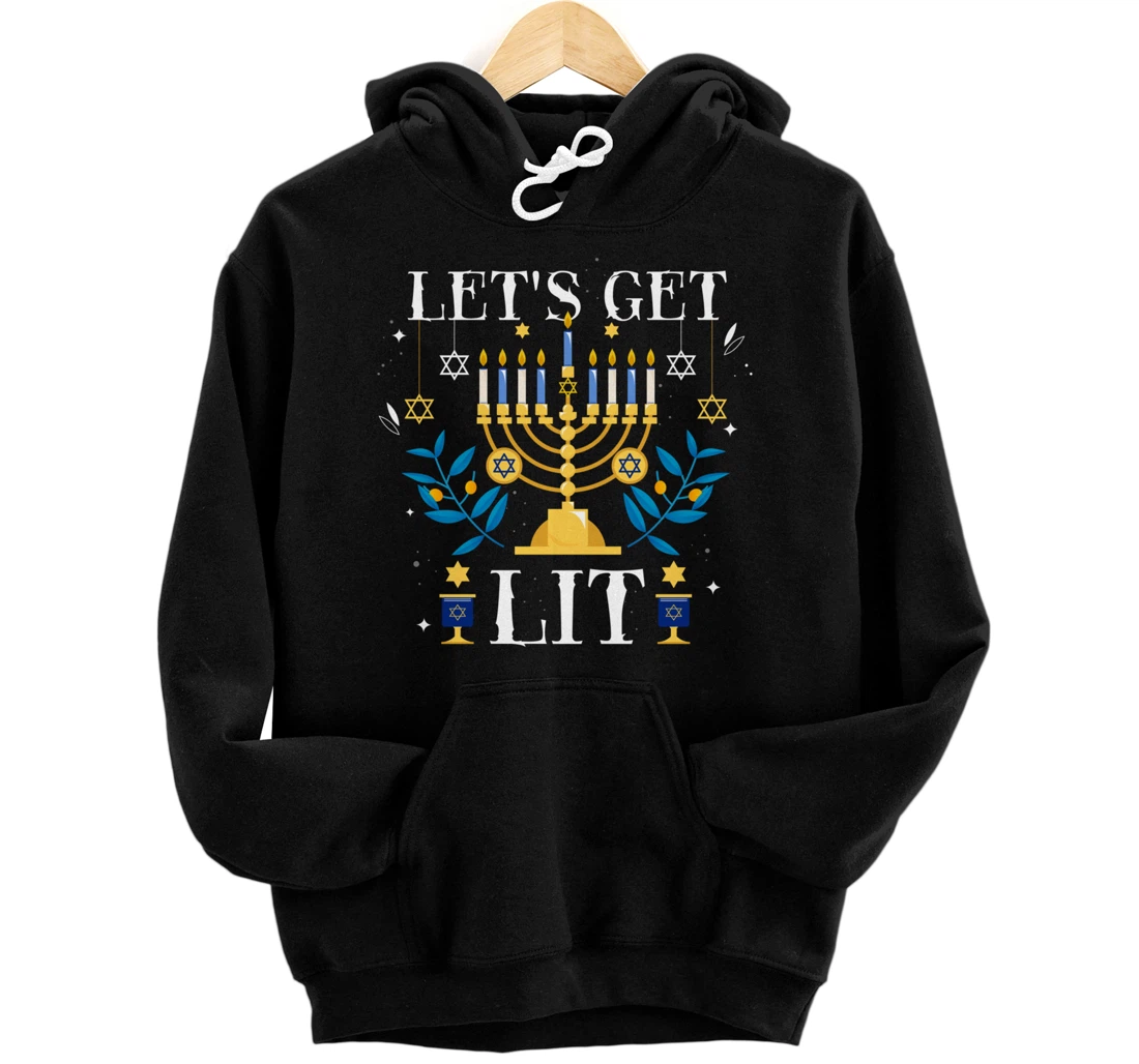 Personalized Let's Get Lit Hanukkah Jew Menorah Jewish Chanukkah Xmas Pullover Hoodie