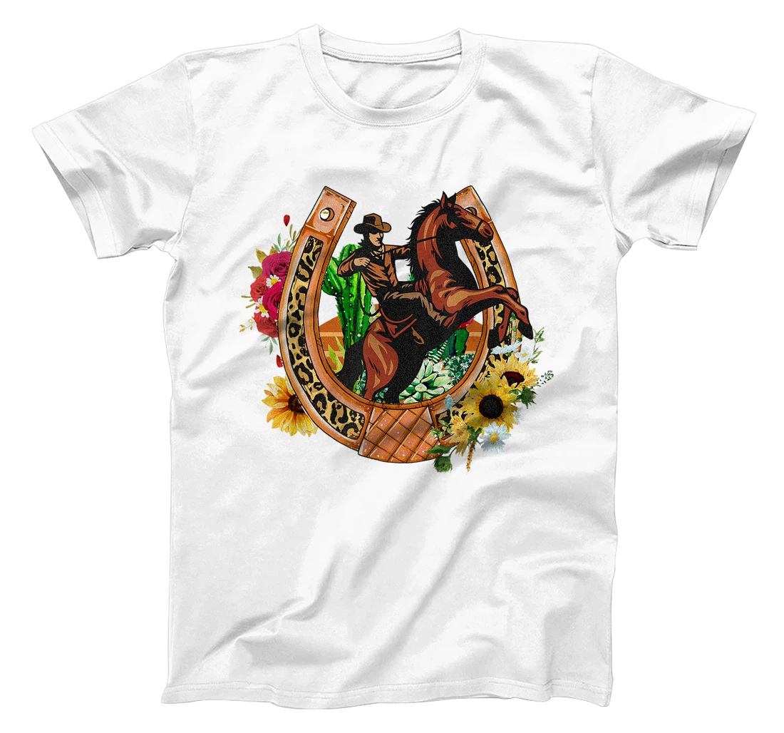 Personalized Western Sunflowers Horseshoe Leopard Cowboy Barrel Racing T-Shirt, Kid T-Shirt and Women T-Shirt
